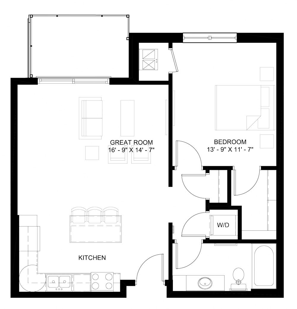 Floor plan for 1 bed, 1 bath, 785 sqft